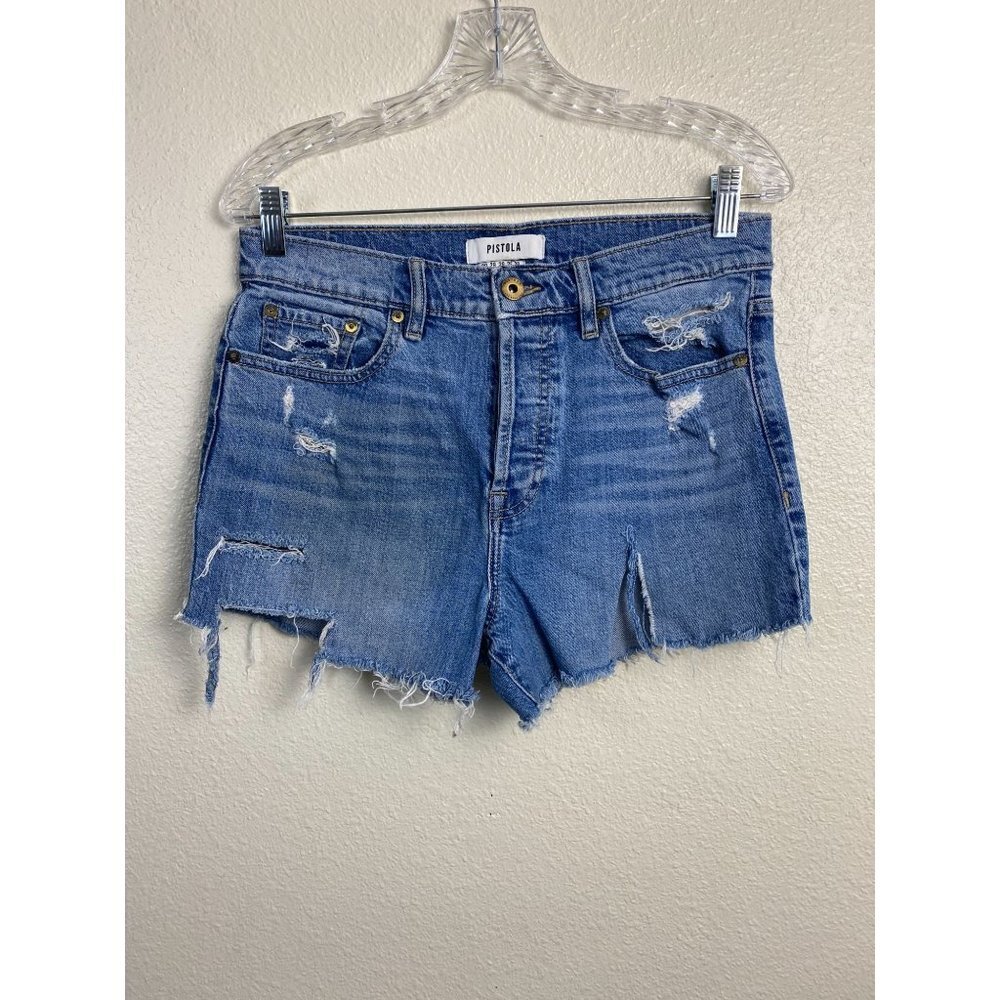 Pistola Womens Shorts size 29 Denim Blue Distress detailing Button Vacation